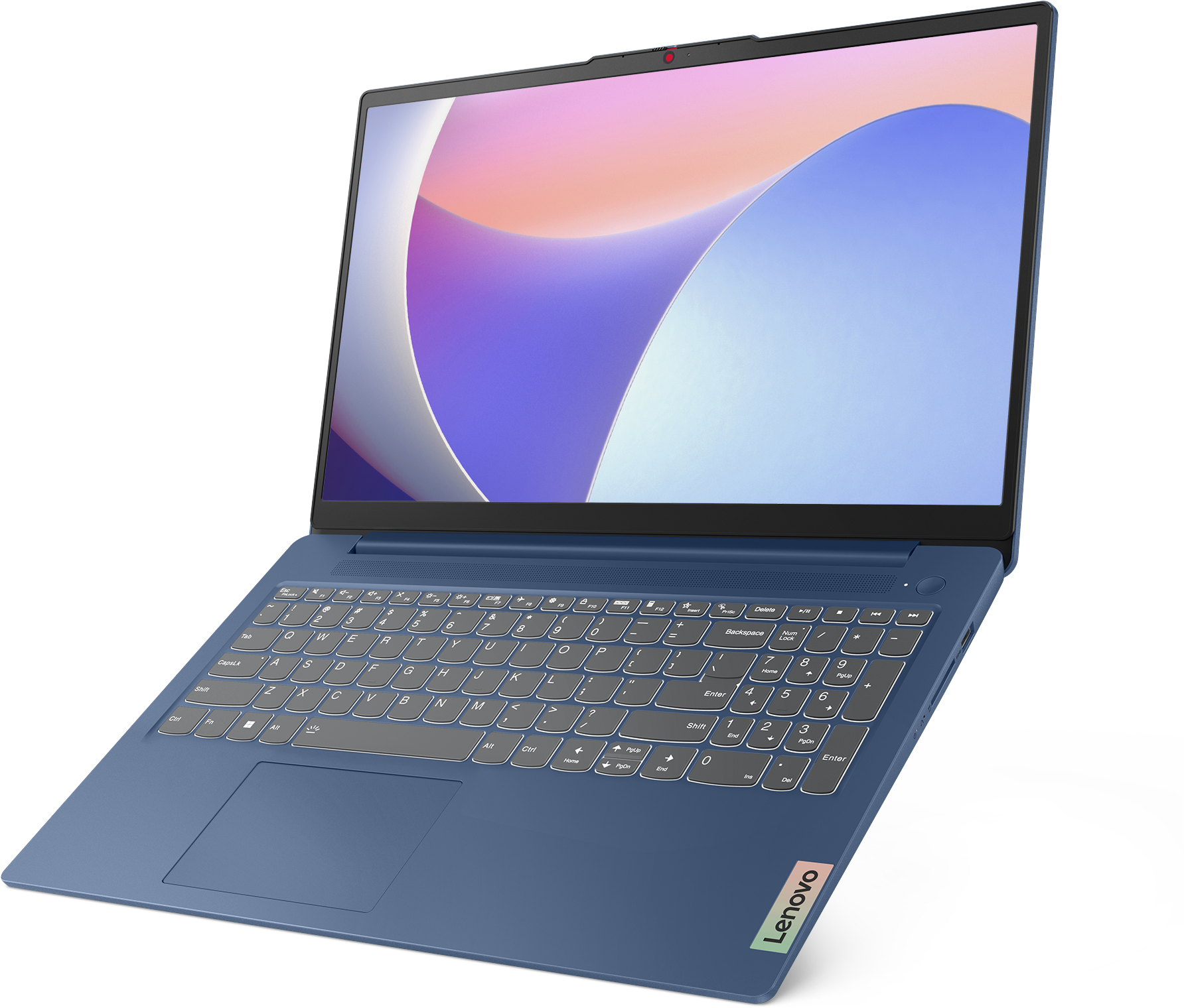 Kék laptop, világos hátteret mutató képernyővel. Lenovo logó látható. Fekete háttér.