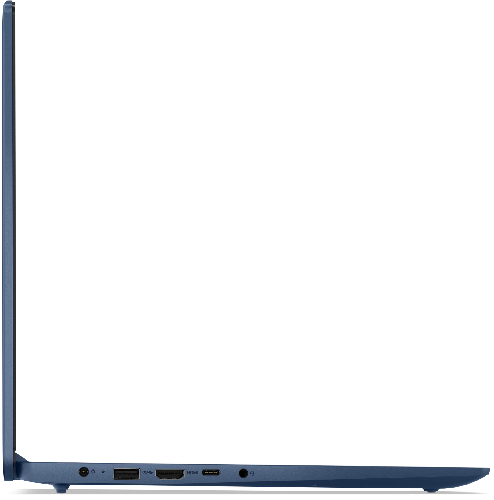 Kék laptop oldalsó nézete. Portok láthatók. Fekete háttér.