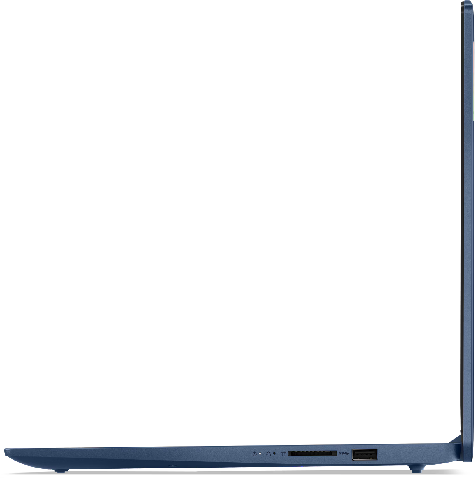 Laptop profilnézet portokkal és kék kerettel, fekete háttér.