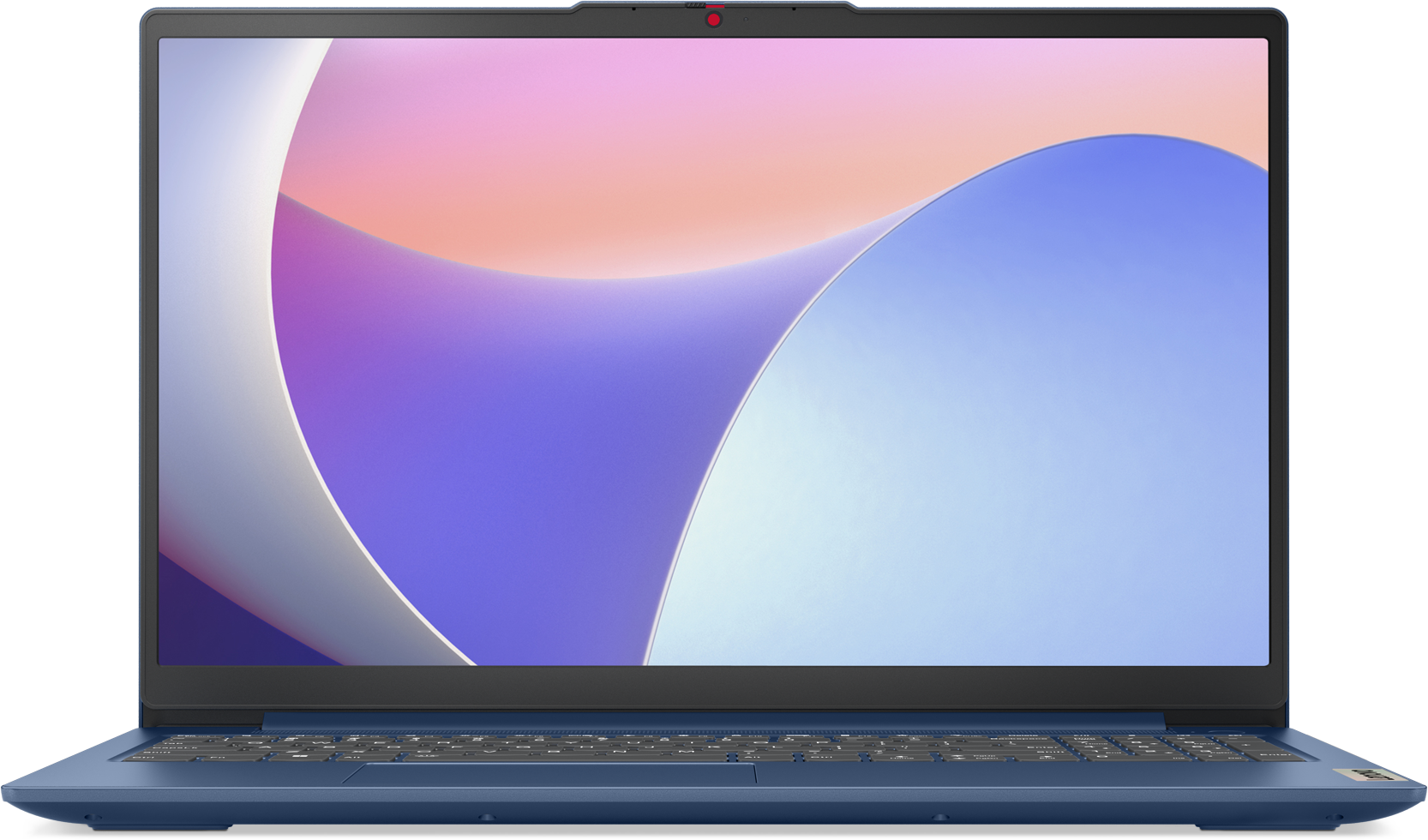 Kék laptop nyitva, képernyőn színes háttér. Fekete háttér.