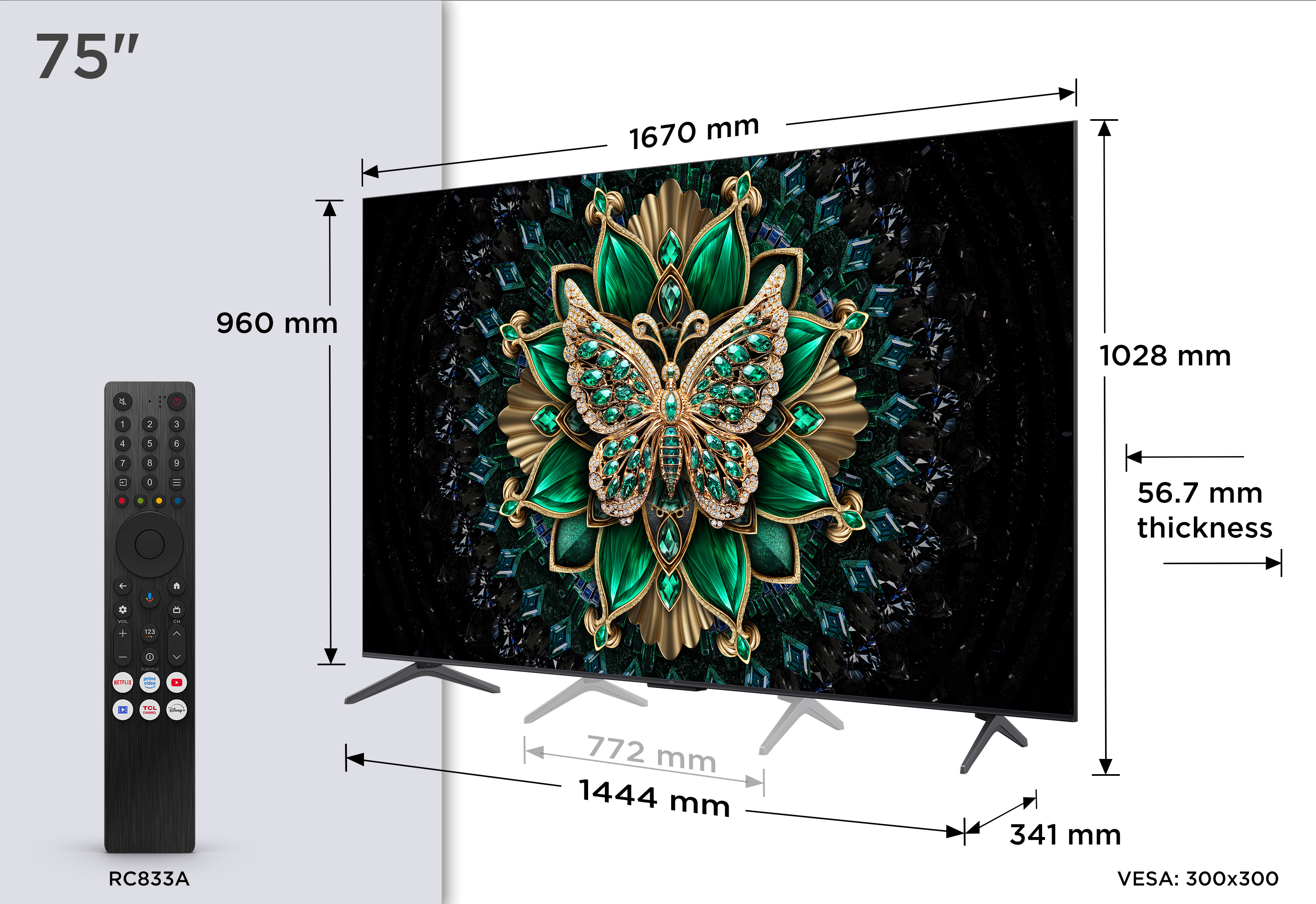 TV de 75" con mando y dimensiones en la pantalla.