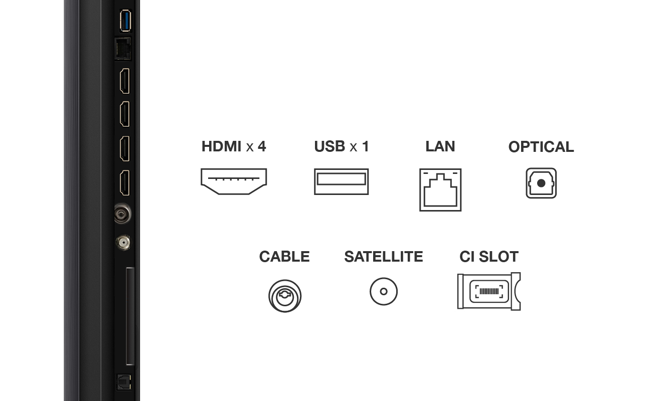 Un televisor con varios puertos: HDMI, USB, LAN, Óptico, Cable, Satélite y Ranura CI. Todos están etiquetados con iconos.