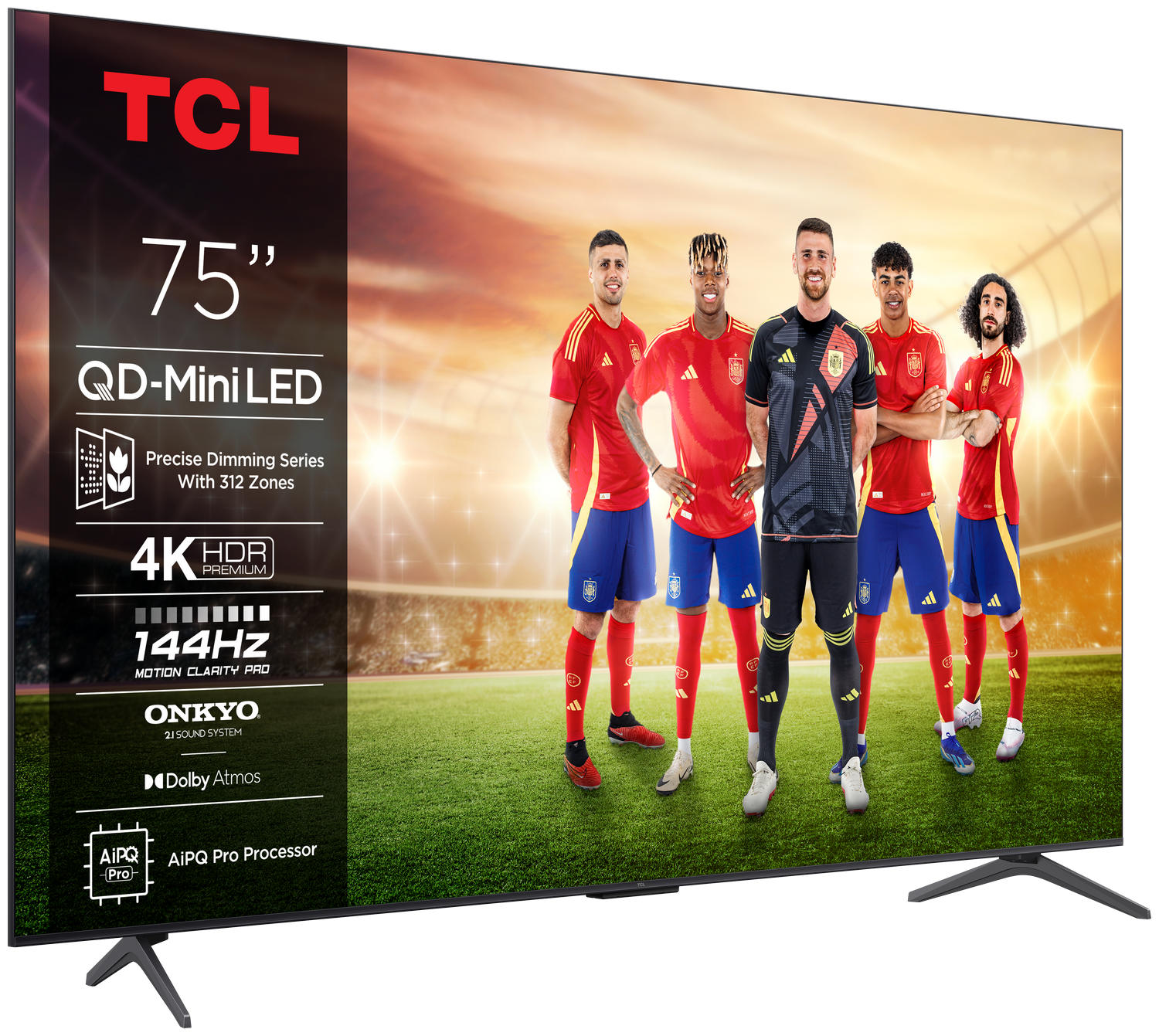 Gran pantalla de TV con equipo de fútbol. Texto: 75", QD-Mini LED, 4K HDR, 144Hz.