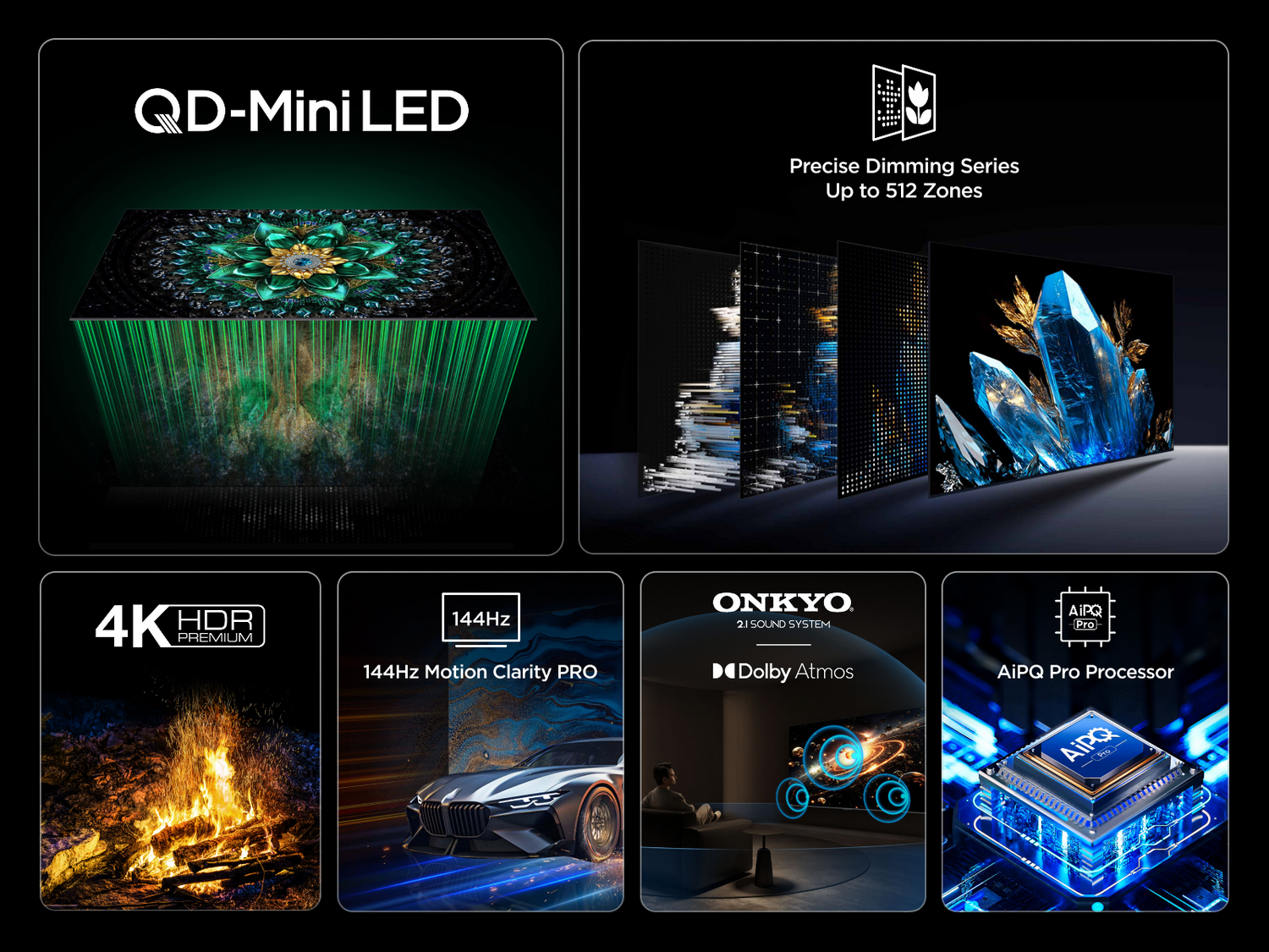 Imagen muestra una pantalla con QD-Mini LED. Incluye características: 4K HDR, 144Hz, Dolby Atmos y AiPQ Pro.