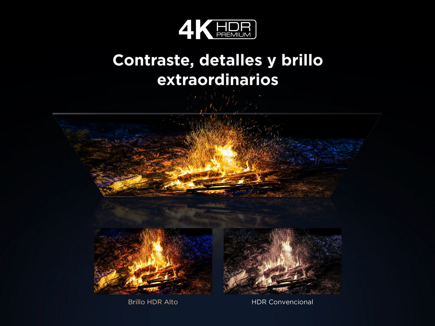 Pantalla de TV mostrando escena de fuego. Comparación de HDR y brillo estándar.
