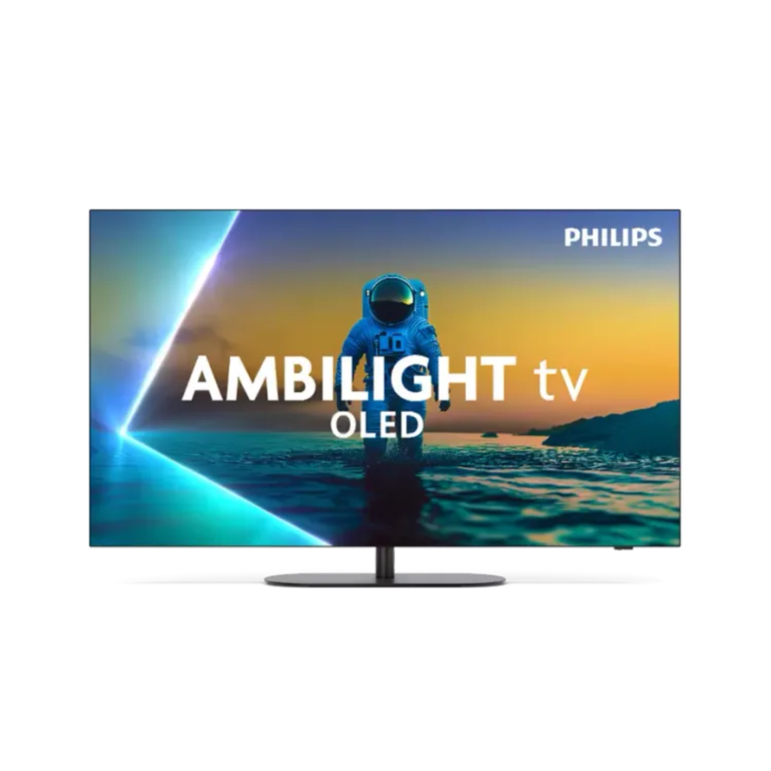 Tv-scherm met een persoon in een ruimtepak. Het scherm zegt Ambilight TV OLED. Philips-logo.