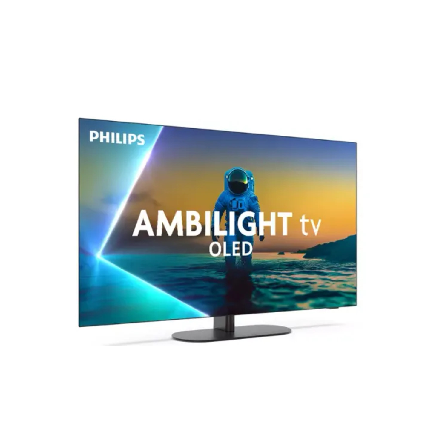 Een Philips Ambilight OLED-tv die een man in een ruimtepak op een scherm toont.