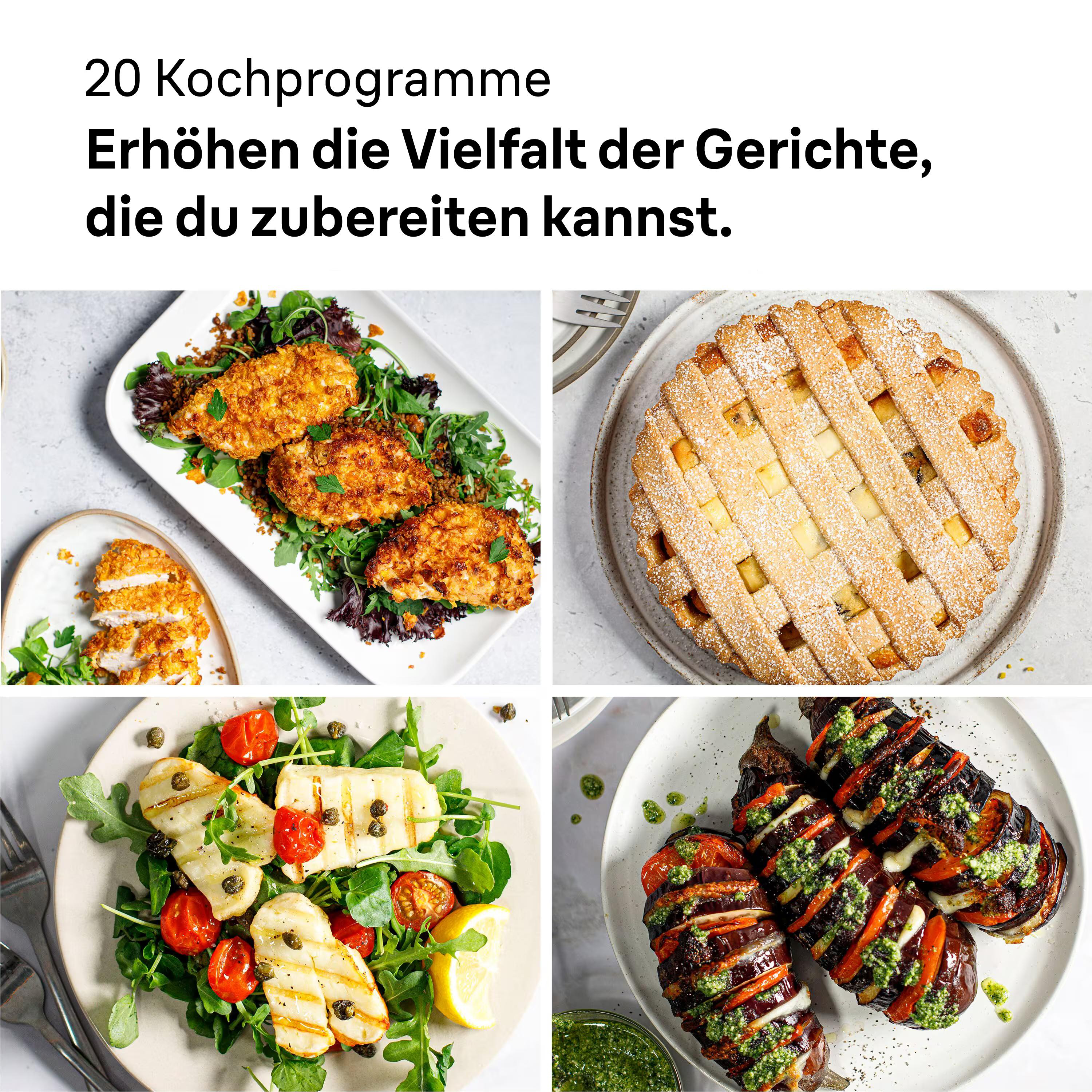 Collage von vier Gerichten: gebratenes Hähnchen, ein Kuchen, gegrillter Halloumi und geschichtetes Gemüse.