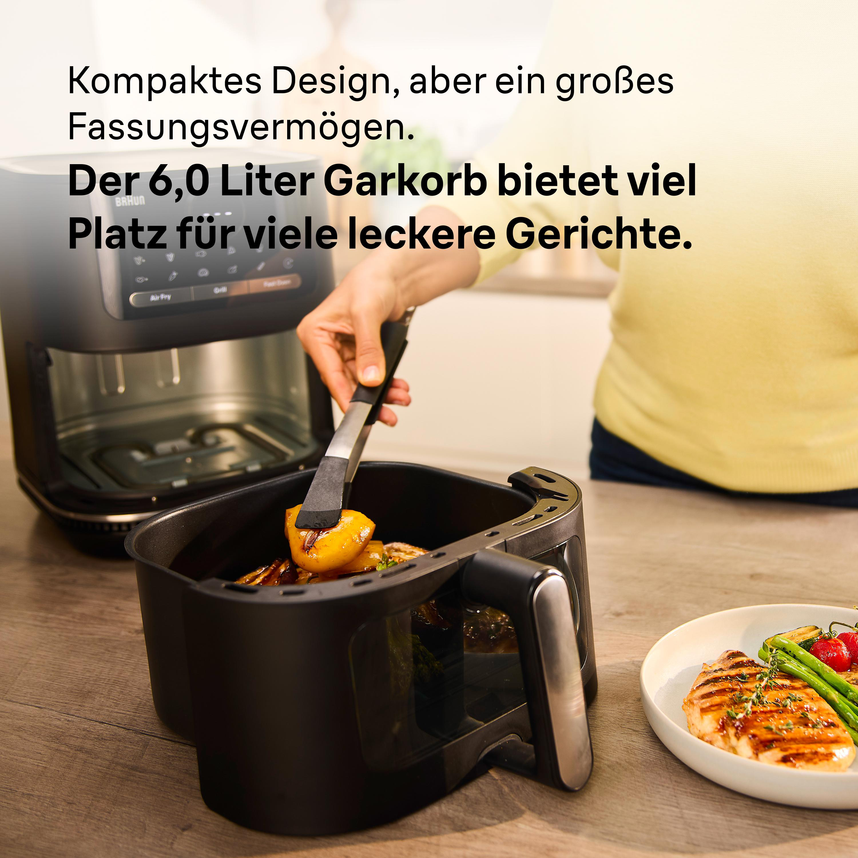 Heißluftfritteuse mit einer Person, die mit einer Zange Essen herausnimmt, mit einem Teller Essen daneben.
