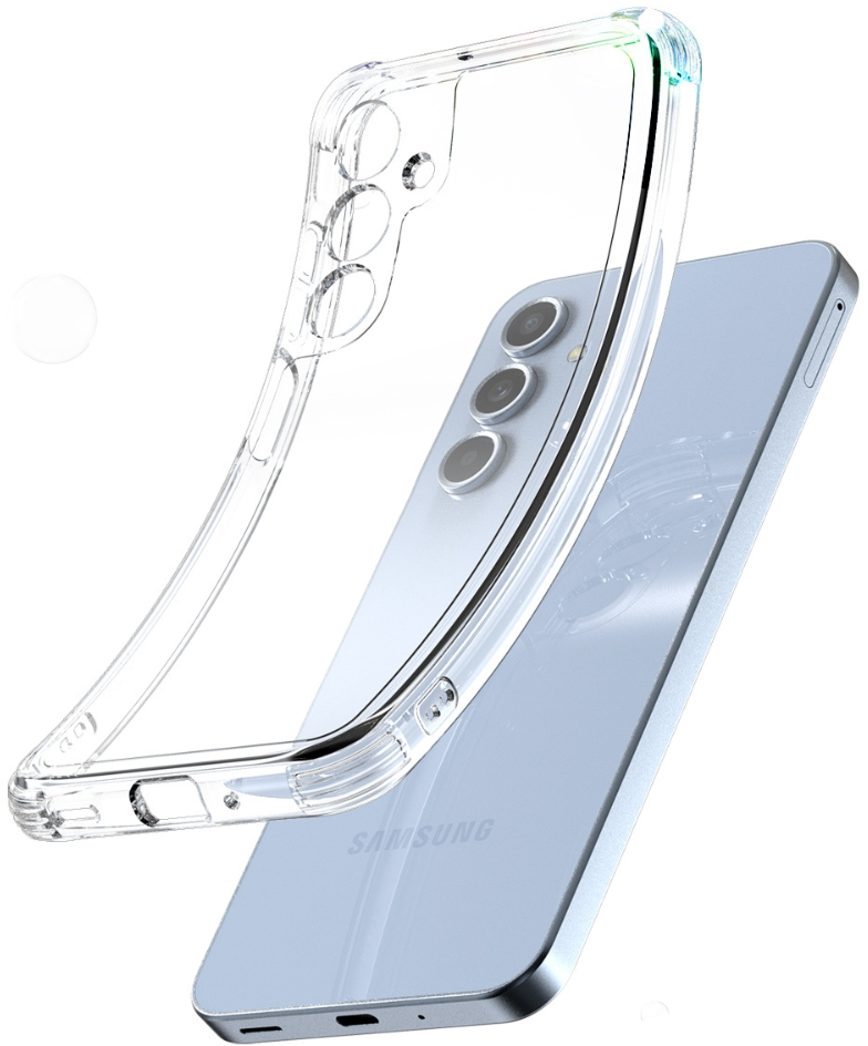 Przezroczyste etui na telefon obok jasnoniebieskiego telefonu. Etui jest przezroczyste, a telefon jasnoniebieski.