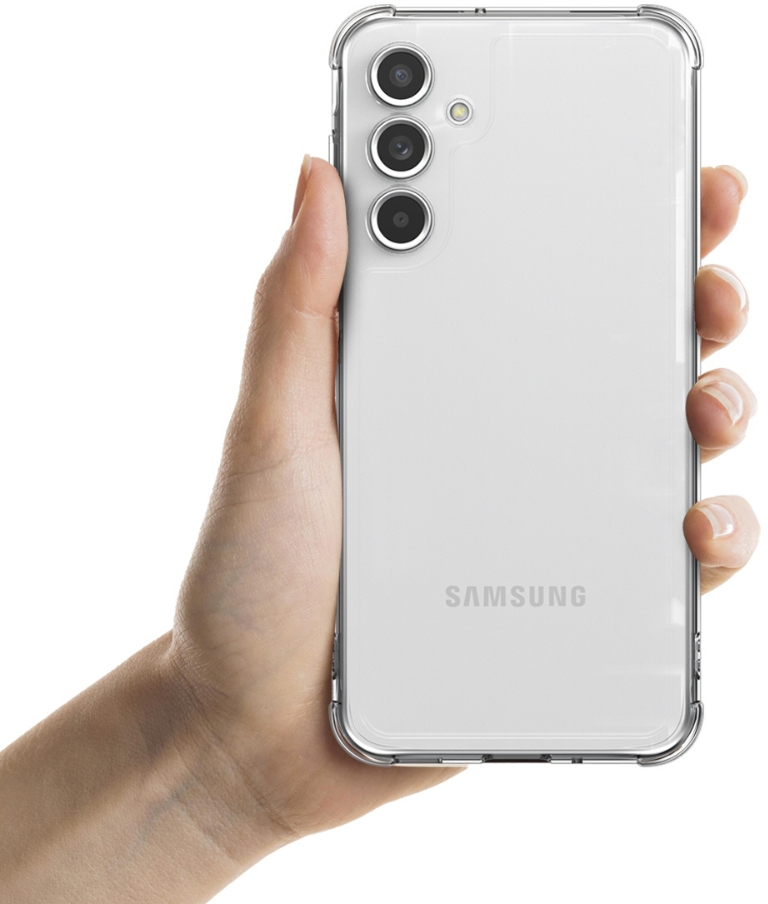 Dłoń trzymająca telefon z przezroczystym etui. Telefon jest biały z trzema obiektywami aparatu.