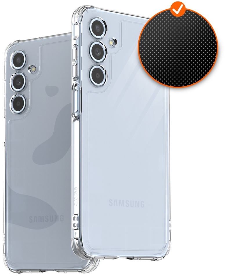 Dwa telefony z przezroczystymi etui. Jeden jest ostry, ze znakiem wyboru i kropkami. Telefon jest biały.