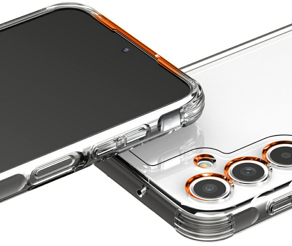 Dwa telefony z przezroczystymi etui. Telefon po lewej ma czarny ekran, pomarańczowe detale kamery.