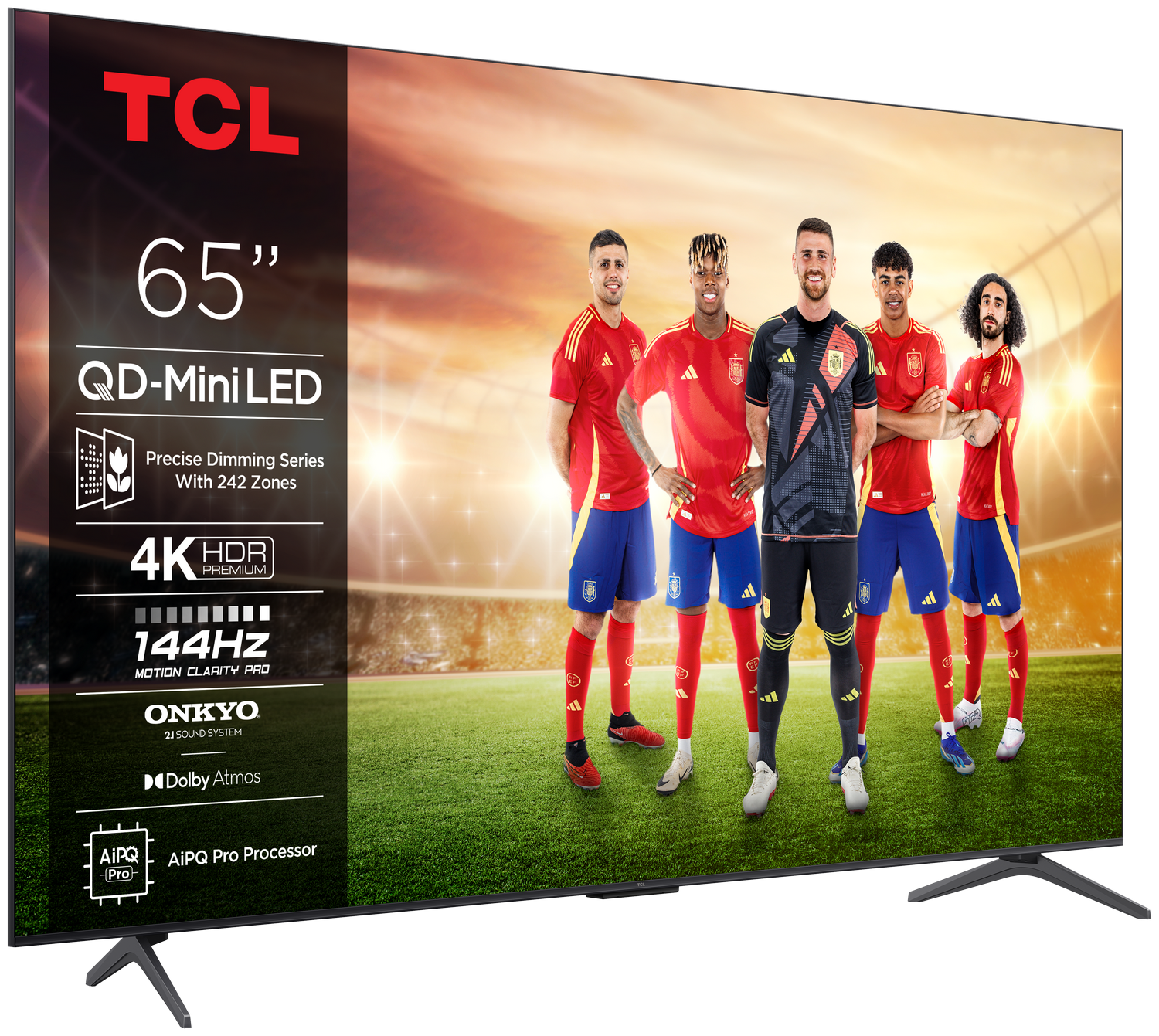 TV TCL 65" muestra un partido de fútbol. Cuatro jugadores con camisetas rojas están en la pantalla.