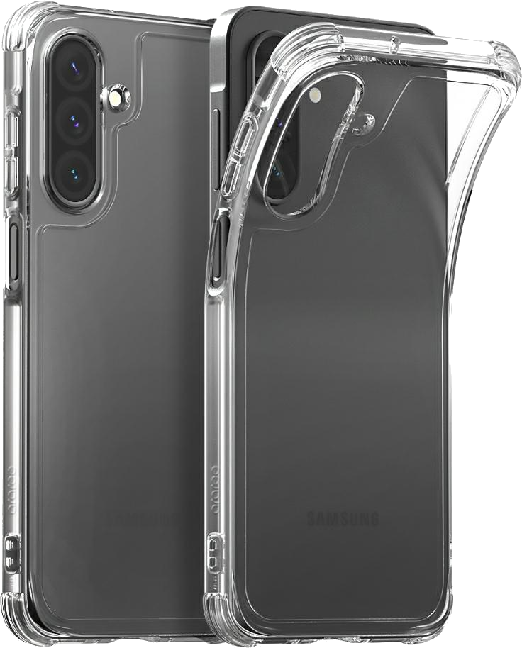 Dwa telefony z przezroczystymi etui. Jeden telefon po prawej, z otwartym etui. Oba są szare.