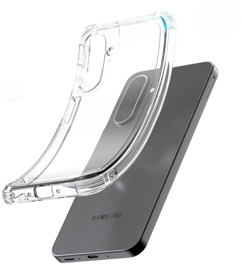 Przezroczyste etui na telefon obok ciemnoszarego telefonu. Etui jest przezroczyste, a telefon ciemnoszary.