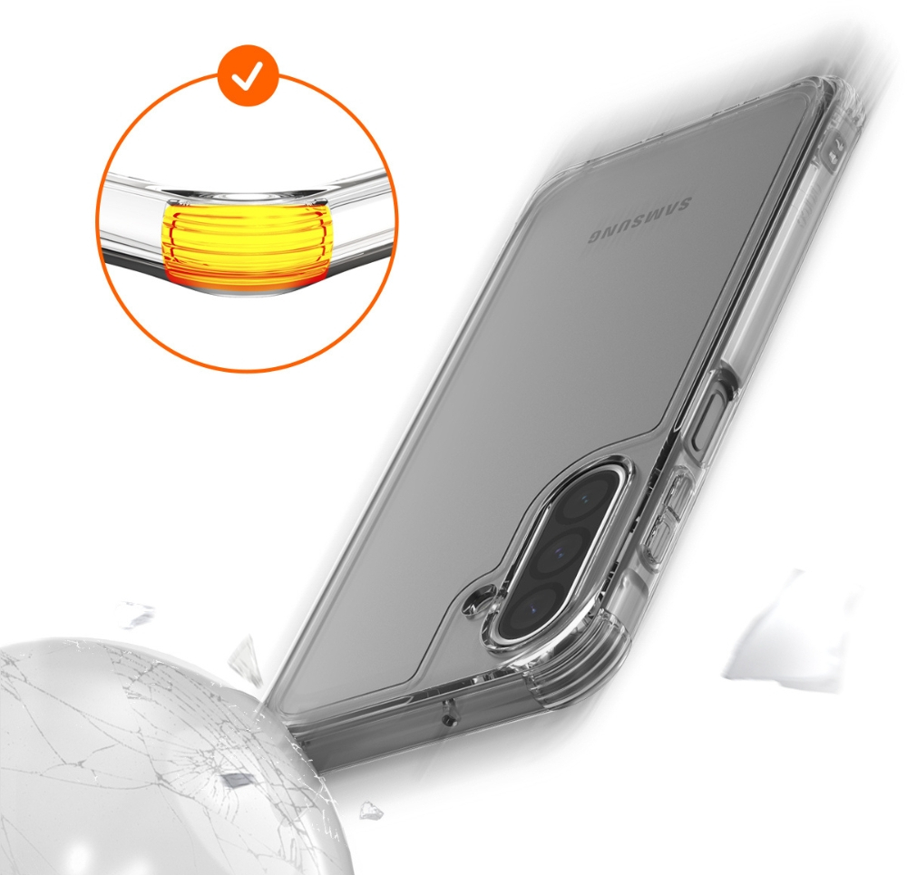 Telefon z przezroczystym etui, rozbijający białą kulę. Znak wyboru znajduje się w rogu.