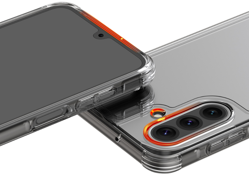 Dwa telefony z przezroczystymi etui. Jeden ma czarny ekran, pomarańczowe pierścienie kamery. Oba są szare.