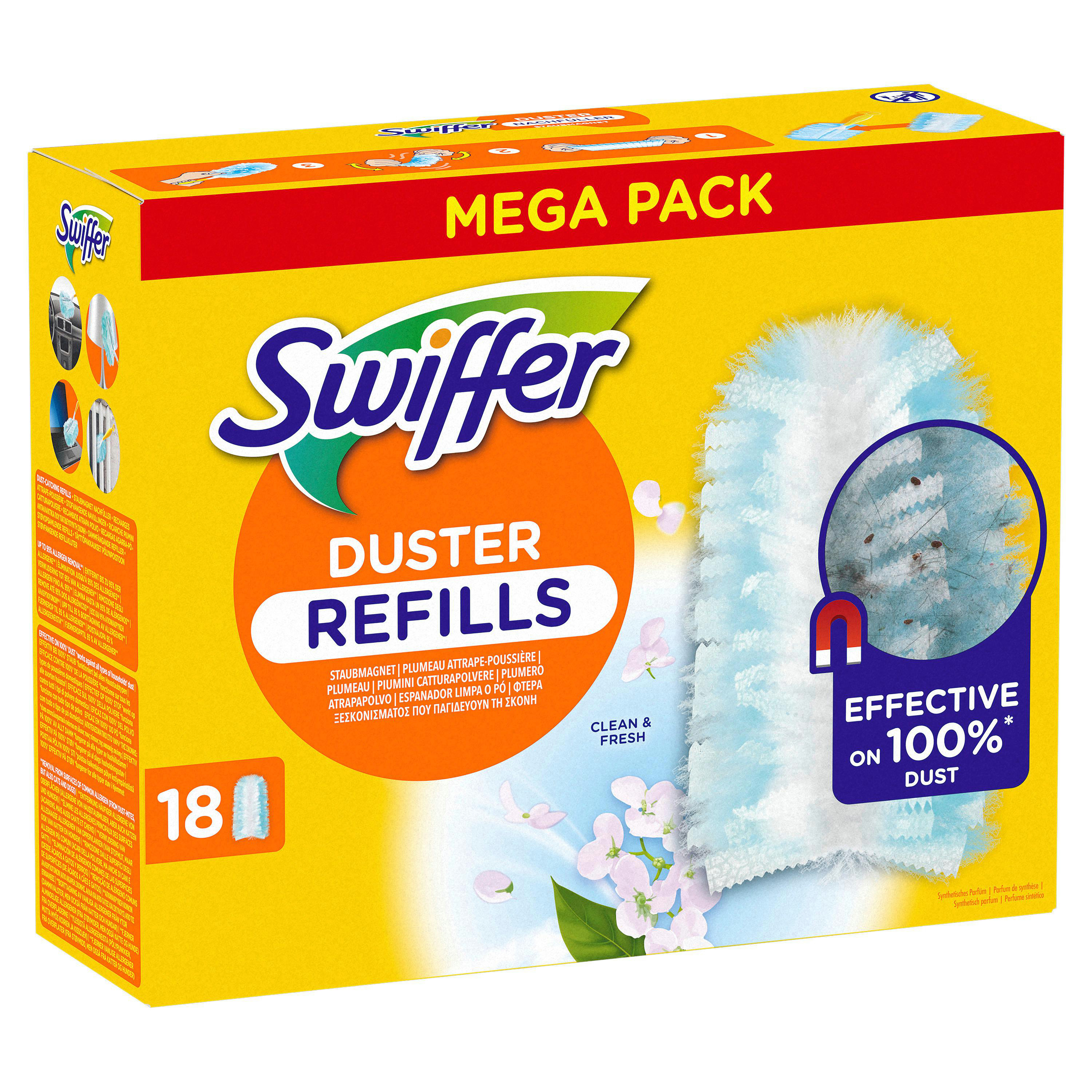 Swiffer Duster Refills Box. Gelbe Box mit blauen Staubtuch-Nachfüllungen. Text: Wirksam bei 100 % Staub.