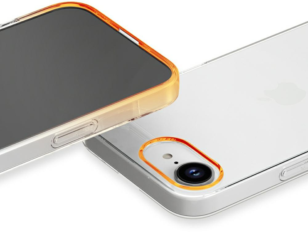 Telefon z przezroczystym etui i pomarańczowym wykończeniem. Widoczny tył telefonu.