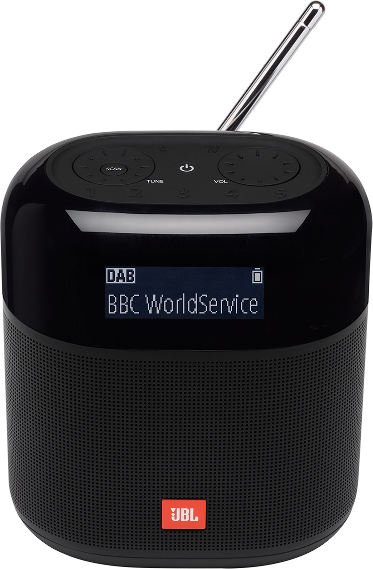 Radio JBL nera, antenna estesa, DAB e BBC WorldService visualizzati.