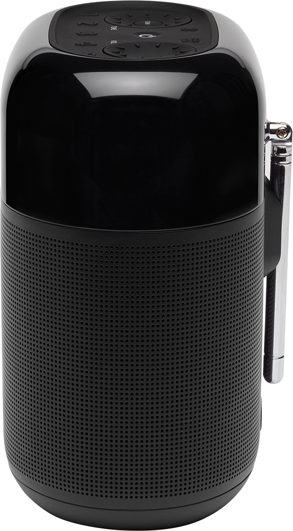Radio JBL nera con antenna estesa, comandi superiori e logo JBL.