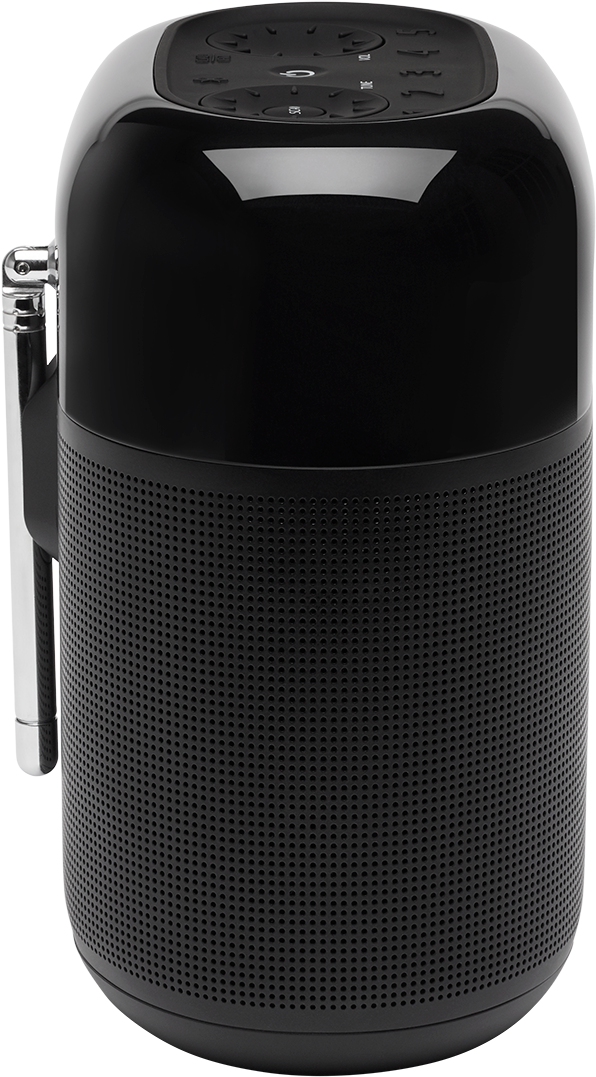 Radio JBL nera, antenna estesa, comandi superiori, un design classico.