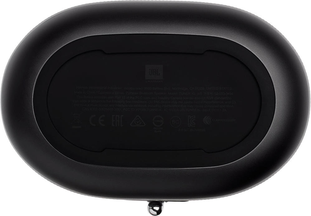 Base dell'altoparlante JBL nero con informazioni sul prodotto e logo.