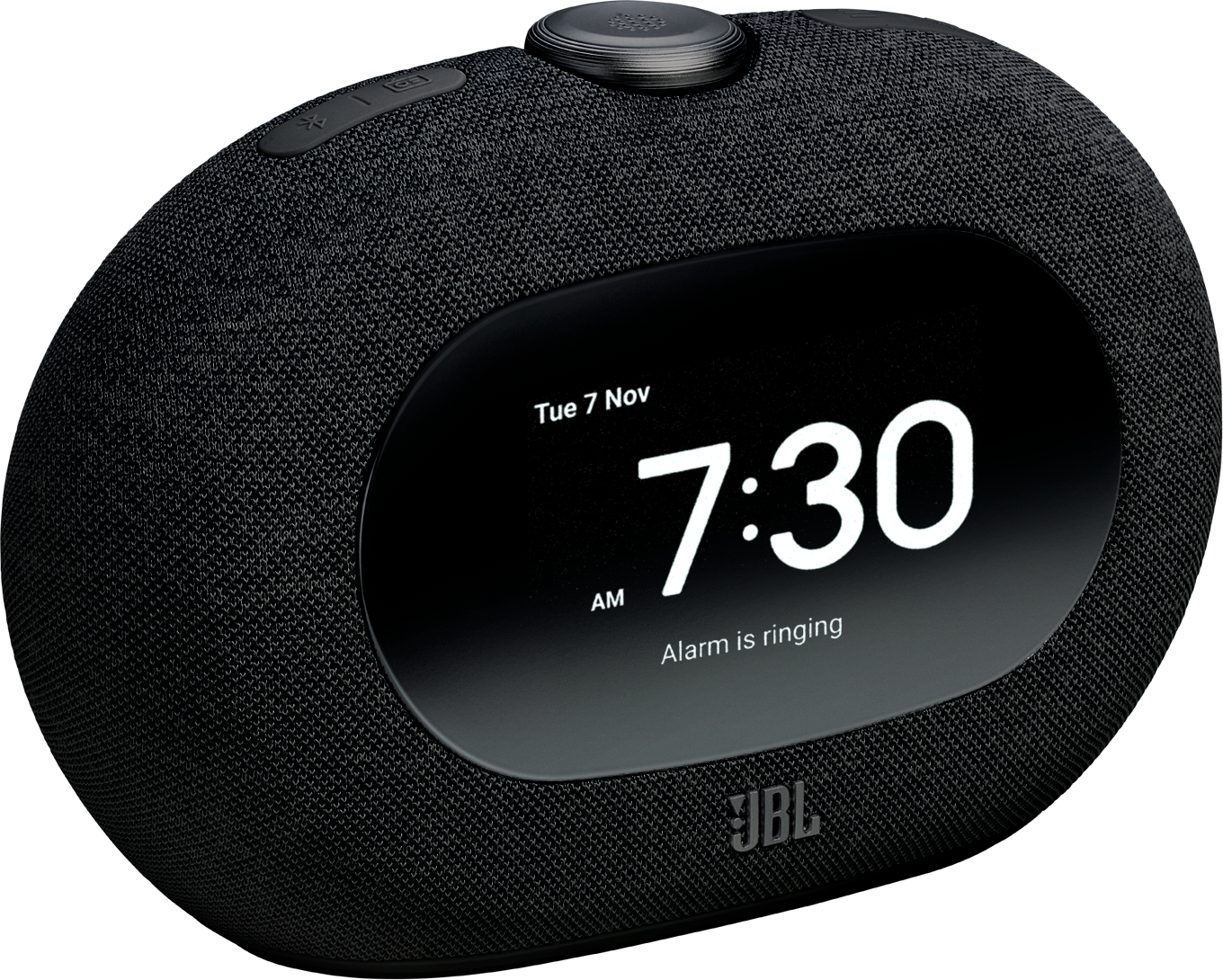 Haut-parleur JBL noir affichant 7h30, l'alarme sonne.
