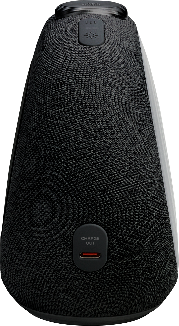 Haut-parleur JBL noir et blanc avec commandes supérieures et port de charge.