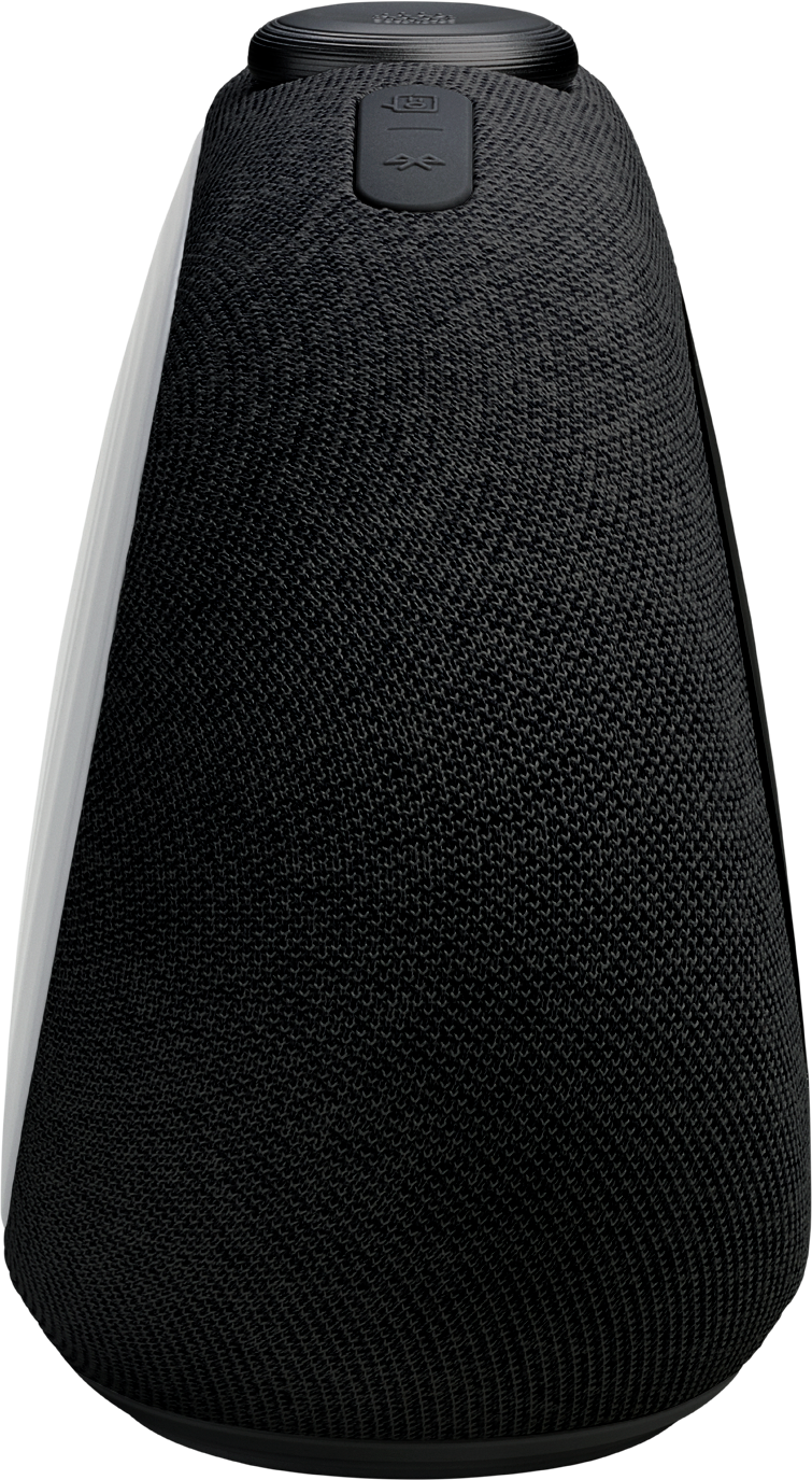 Haut-parleur JBL noir et blanc avec commandes supérieures et un design élégant.