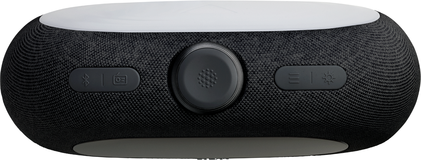 Haut-parleur JBL noir et blanc avec commandes pour Bluetooth, caméra et lumière.