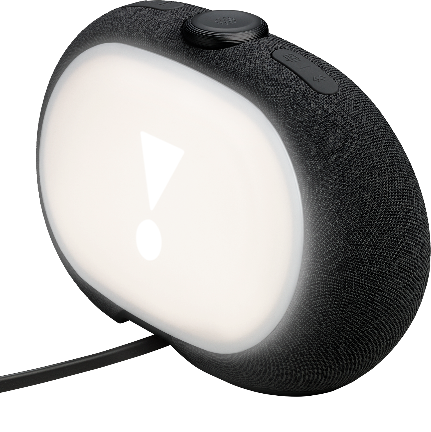 Haut-parleur ovale noir avec une lumière blanche vive émanant du panneau avant.