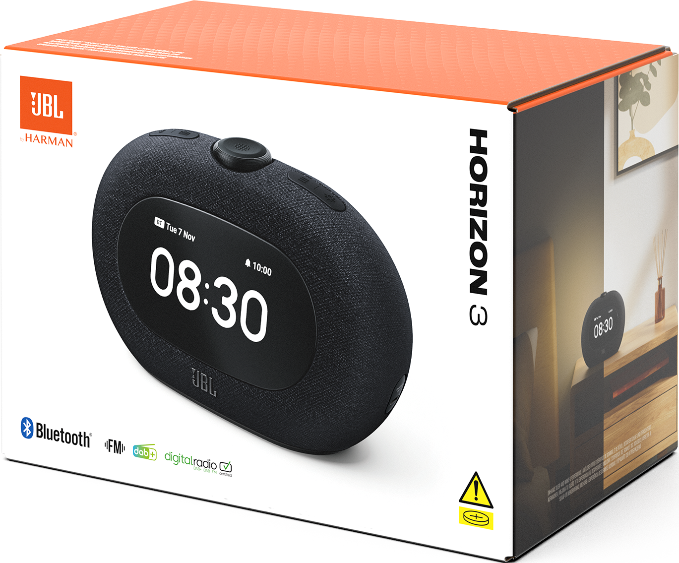Boîte de haut-parleur JBL Horizon 3, affichant l'heure. Logos Bluetooth, FM, DAB, radio numérique.