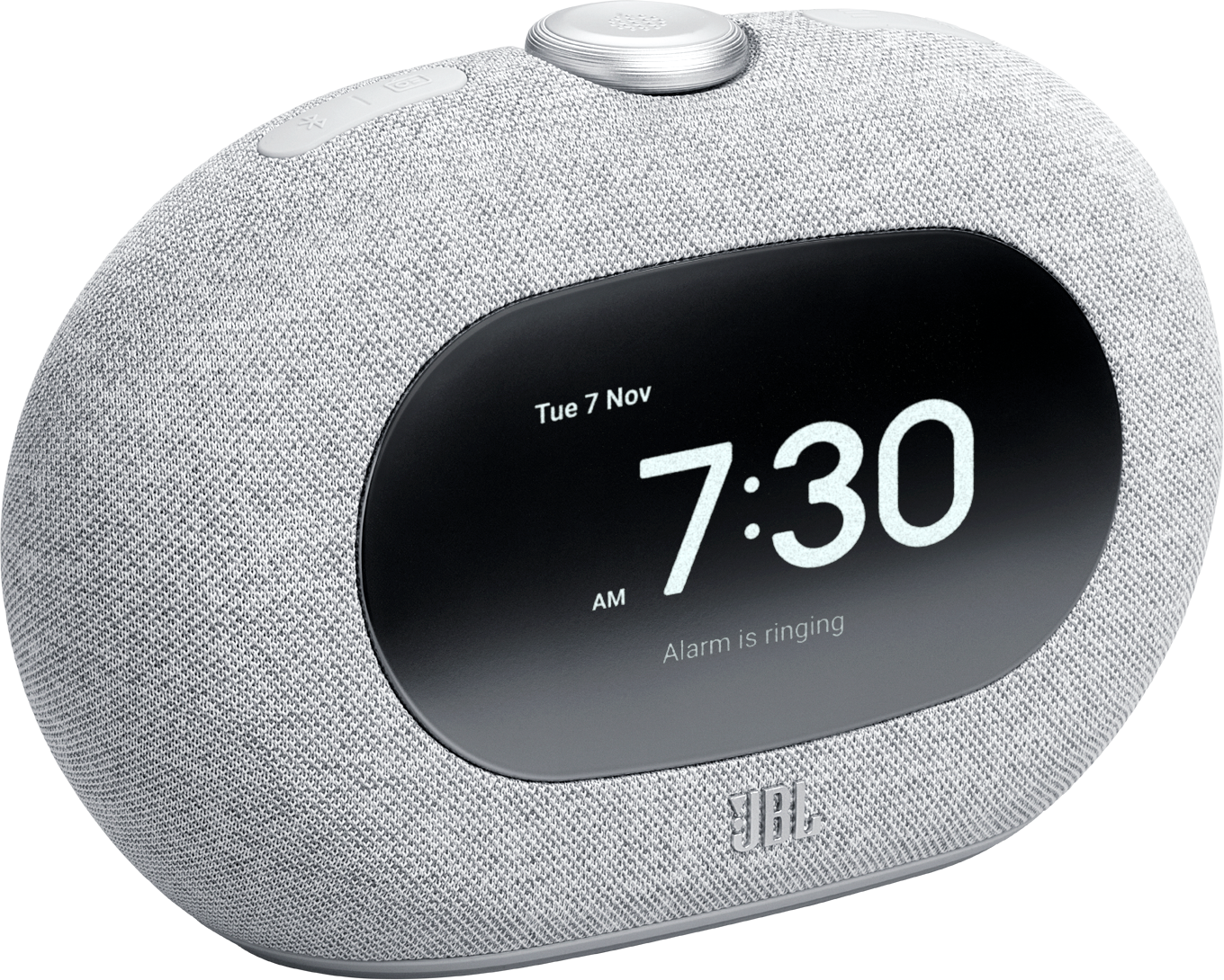 JBL Horizon 3, gris, affichant 7h30, avec texte d'alarme et logo JBL.