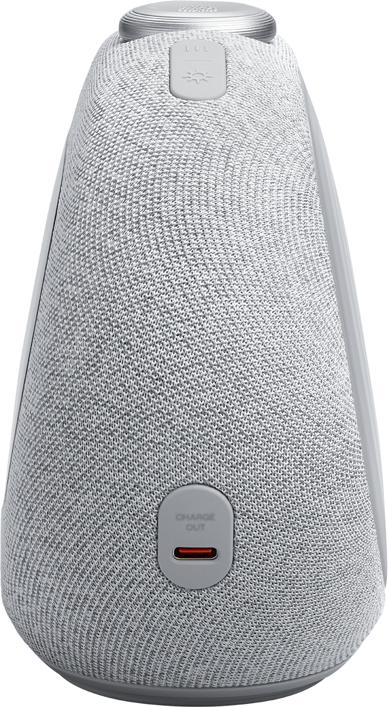 Côté du haut-parleur gris avec texture de tissu, boutons de commande supérieurs et port USB-C.