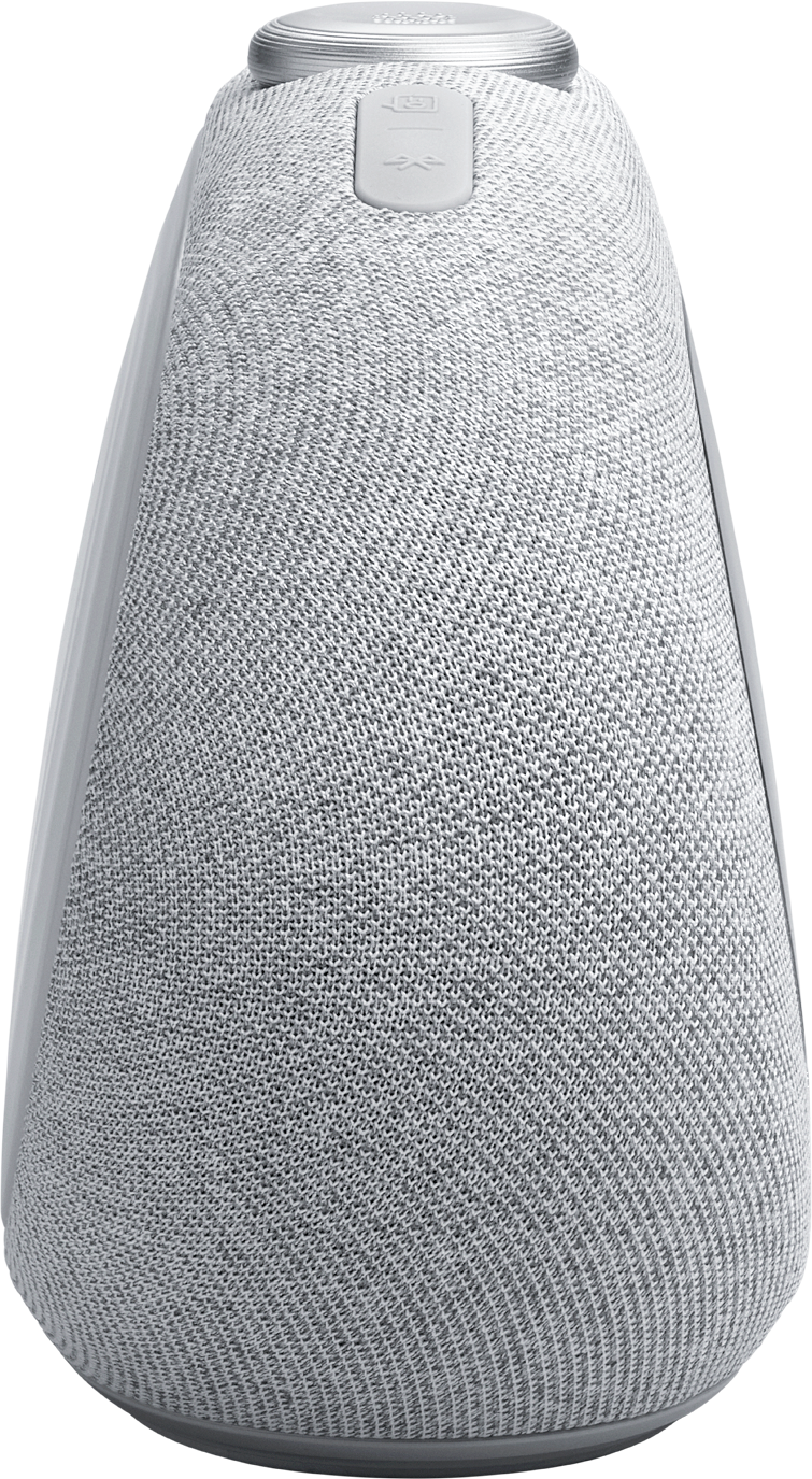 Côté du haut-parleur gris avec texture de tissu, boutons de commande supérieurs et port USB-C.
