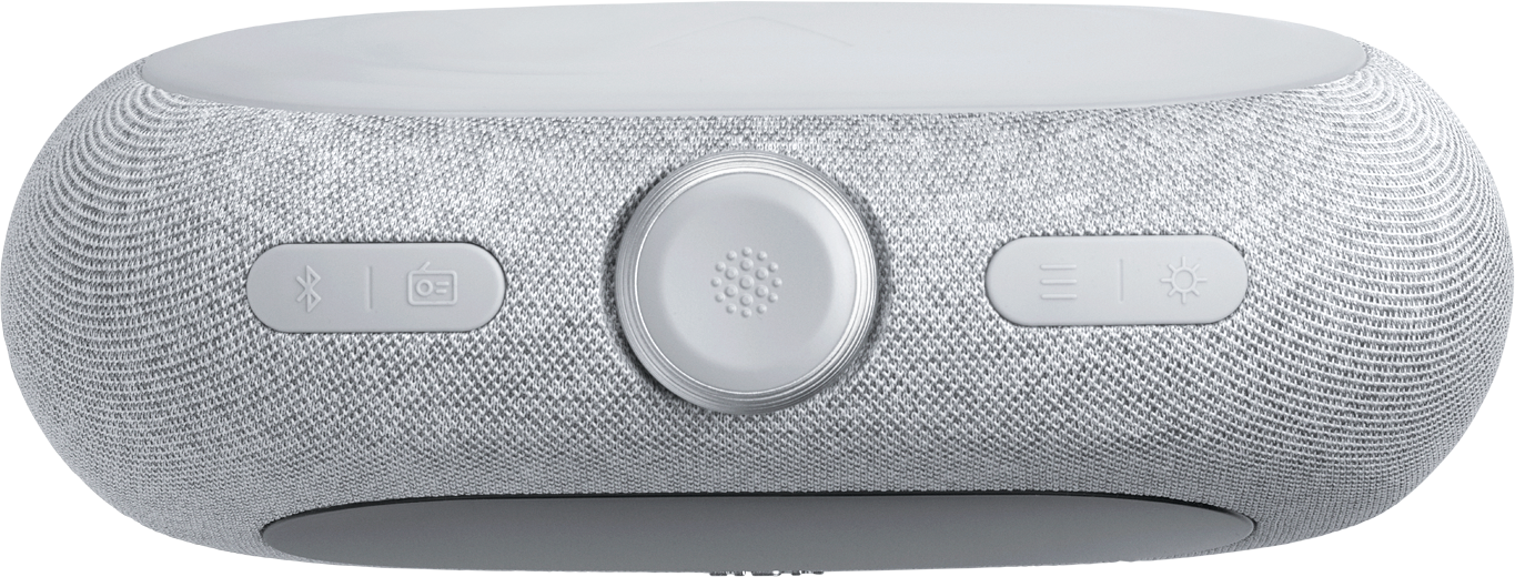 Haut-parleur gris, vue de dessus des commandes : Bluetooth, radio et boutons de luminosité.