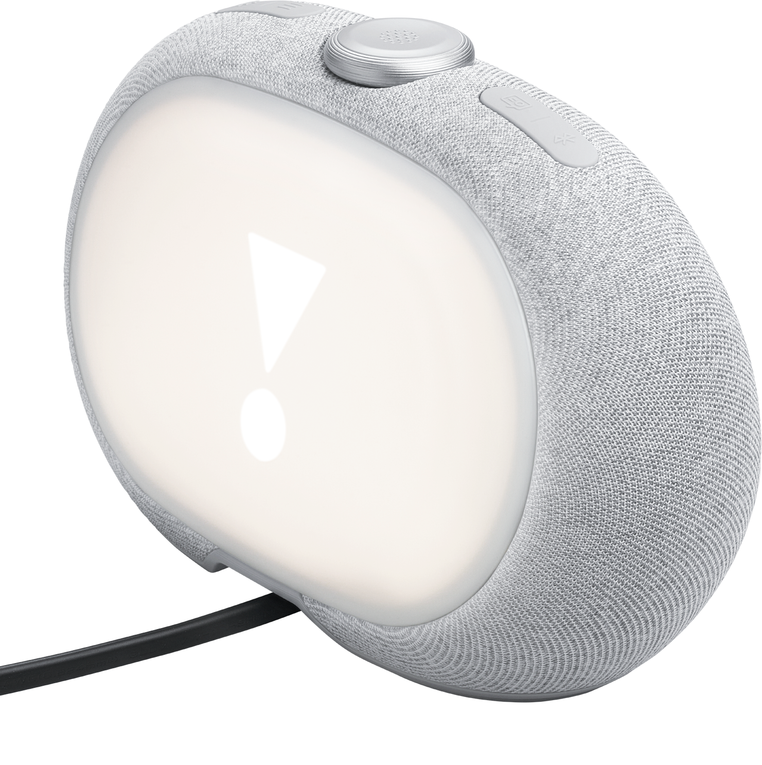 Haut-parleur ovale gris avec panneau lumineux, affichant un point d'exclamation blanc.