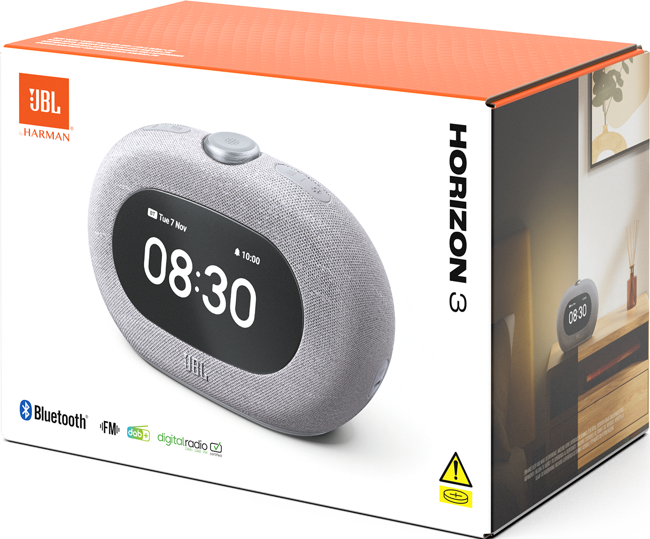 Boîte JBL Horizon 3, haut-parleur gris avec affichage de l'heure, Bluetooth, FM, DAB, logos radio numérique.