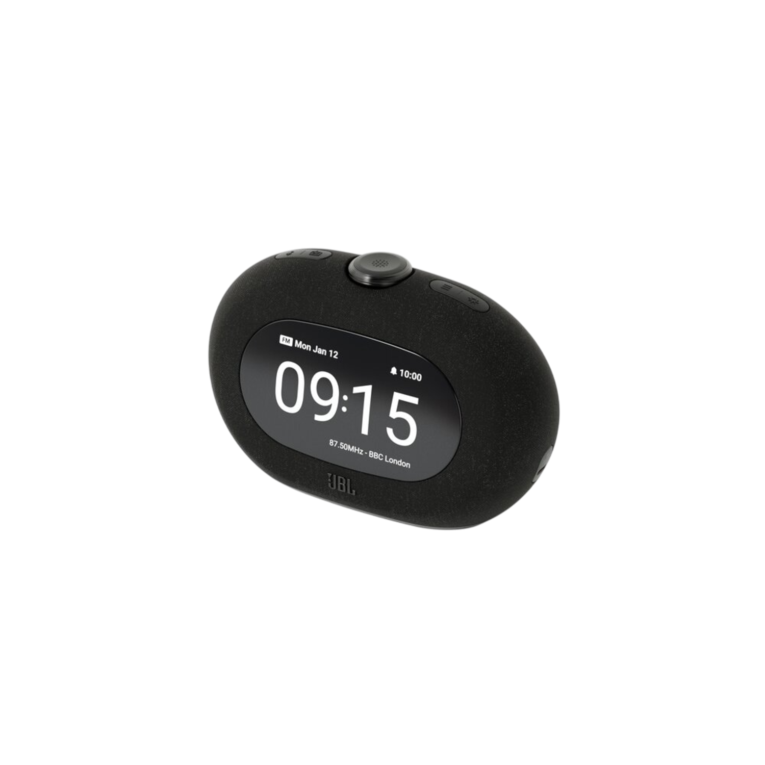 Zwarte ovale wekker met digitale display met tijd en datum. Zwarte achtergrond.