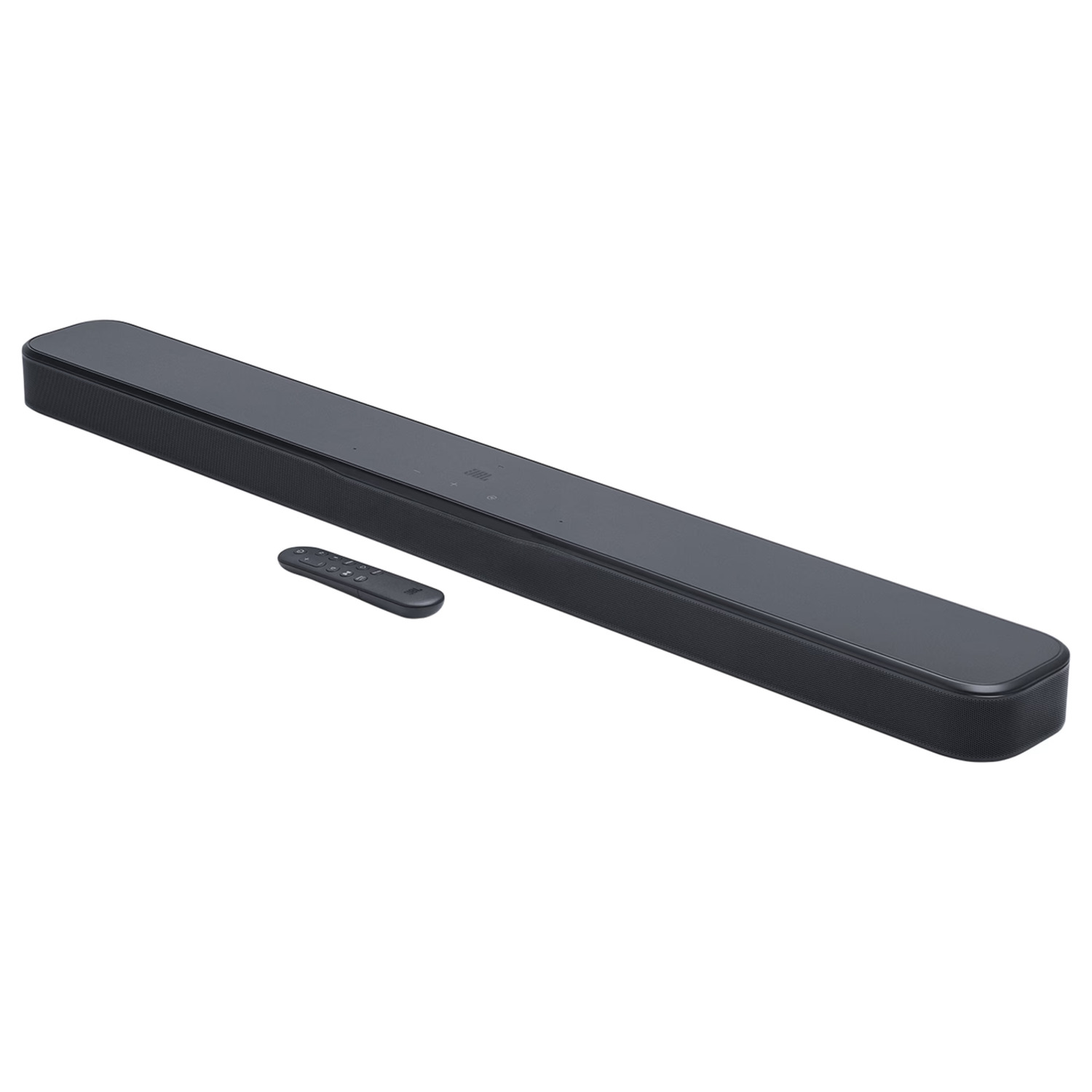 Barre de son noire avec télécommande sur fond blanc. L'appareil est rectangulaire et horizontal.