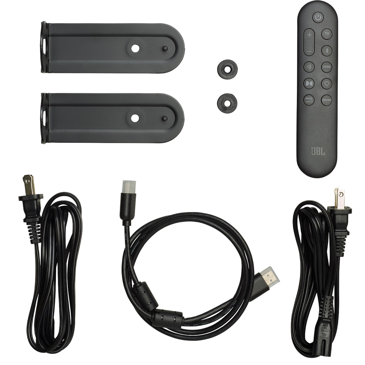 Accessoires pour une barre de son : supports de montage, câble, télécommande. Fond blanc.