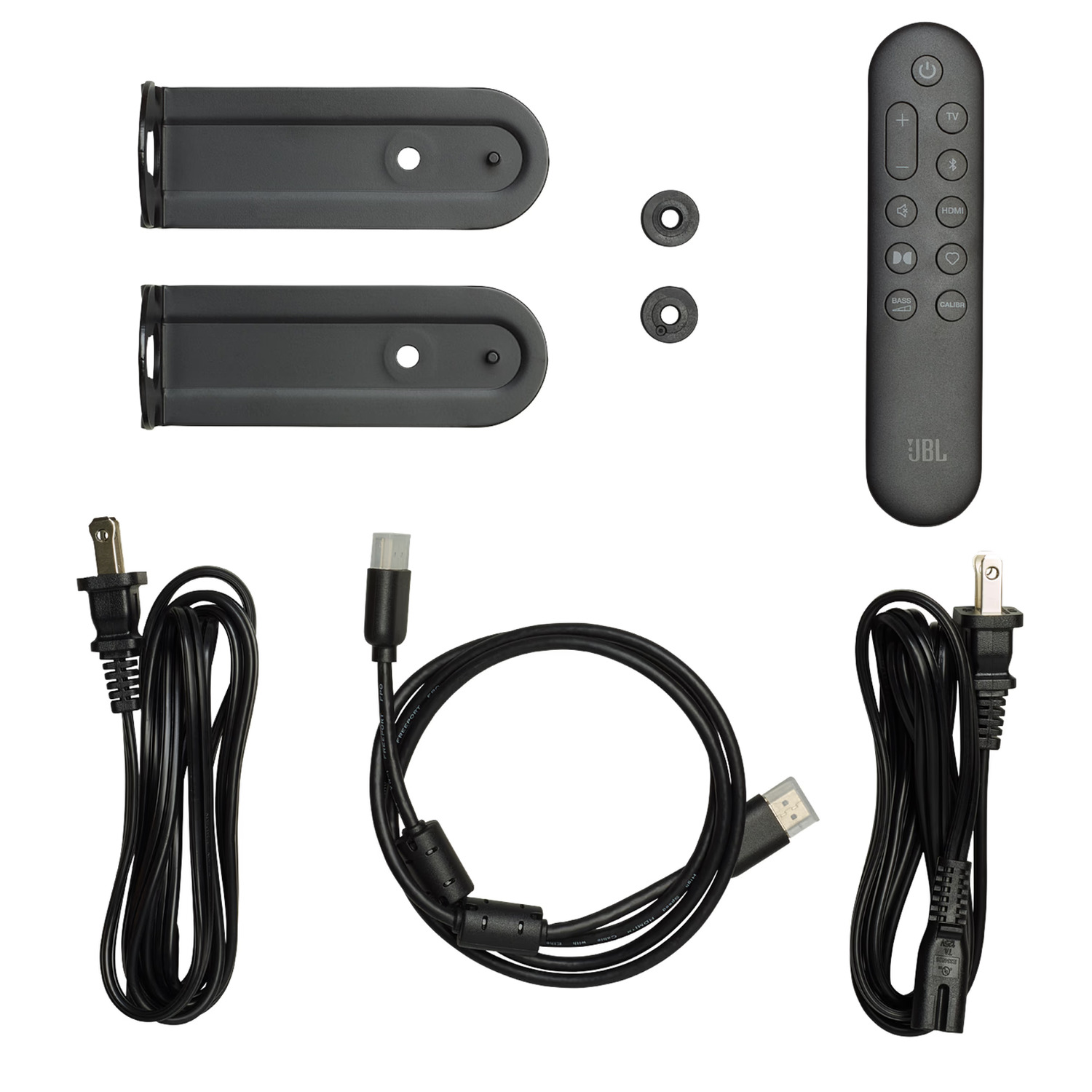 Accessoires pour une barre de son : câbles, télécommande, supports de fixation.
