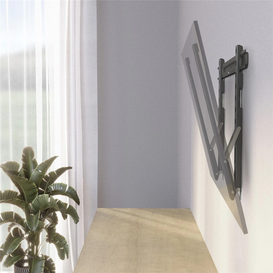 Czarny uchwyt ścienny do TV, pochylony, na białej ścianie.