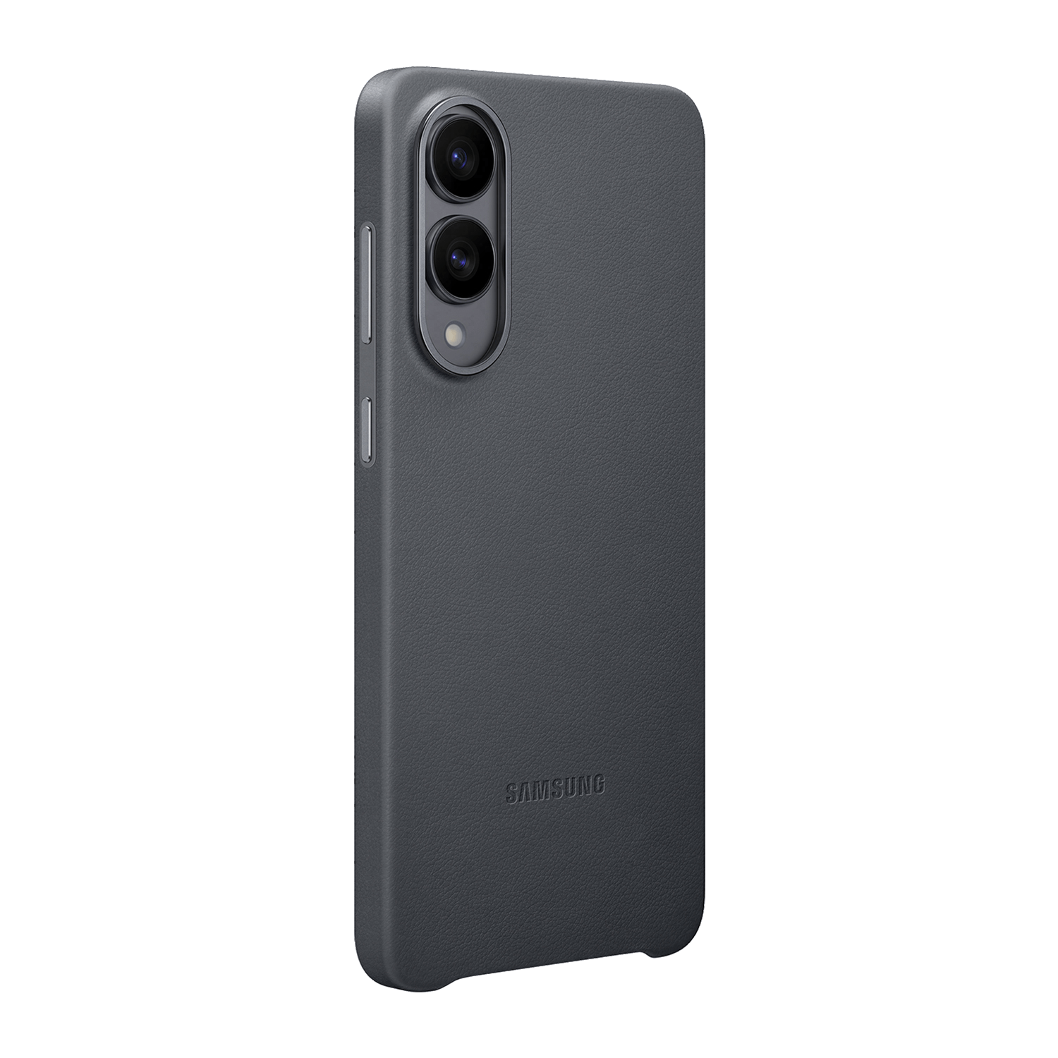 Una funda de teléfono gris oscuro con una protuberancia de la cámara y el logotipo de Samsung.