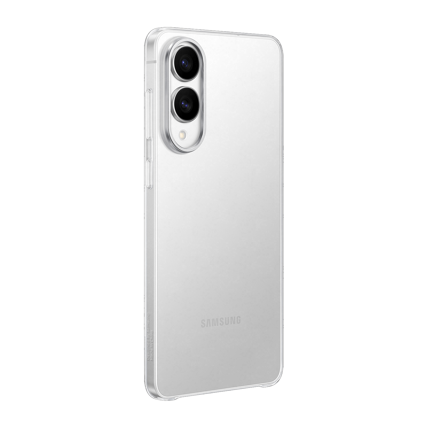 Una funda transparente para teléfono, con una protuberancia de la cámara y el logotipo de Samsung.