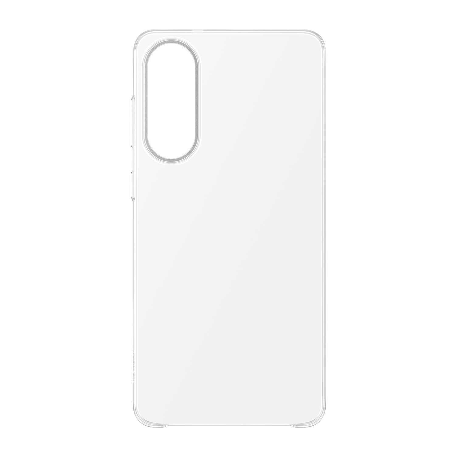Una funda transparente para teléfono, con una protuberancia de la cámara y el logotipo de Samsung.