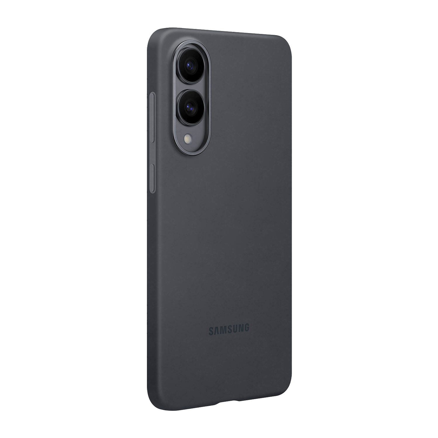 Una funda de teléfono gris oscuro con una protuberancia de la cámara y el logotipo de Samsung.