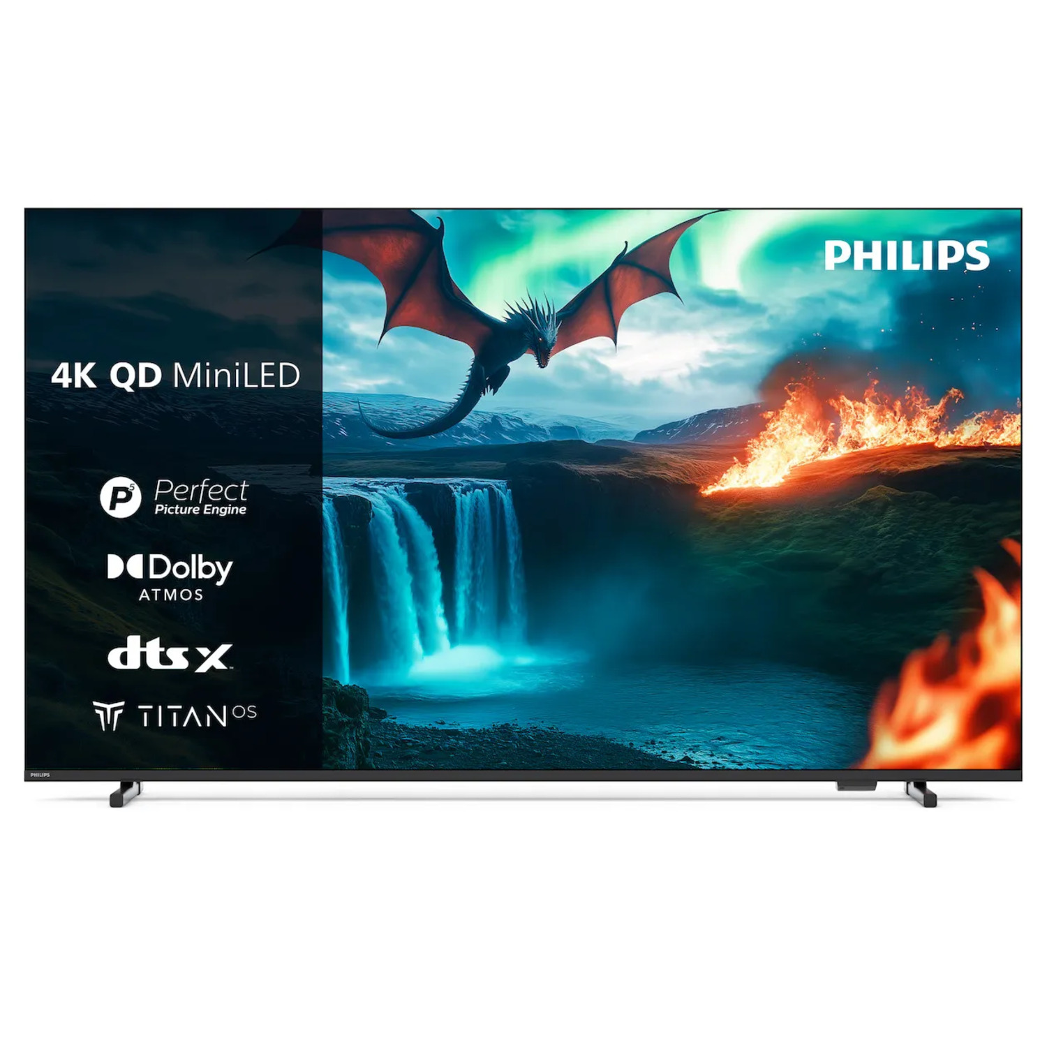 Un écran de télévision Philips affichant une scène avec un dragon.